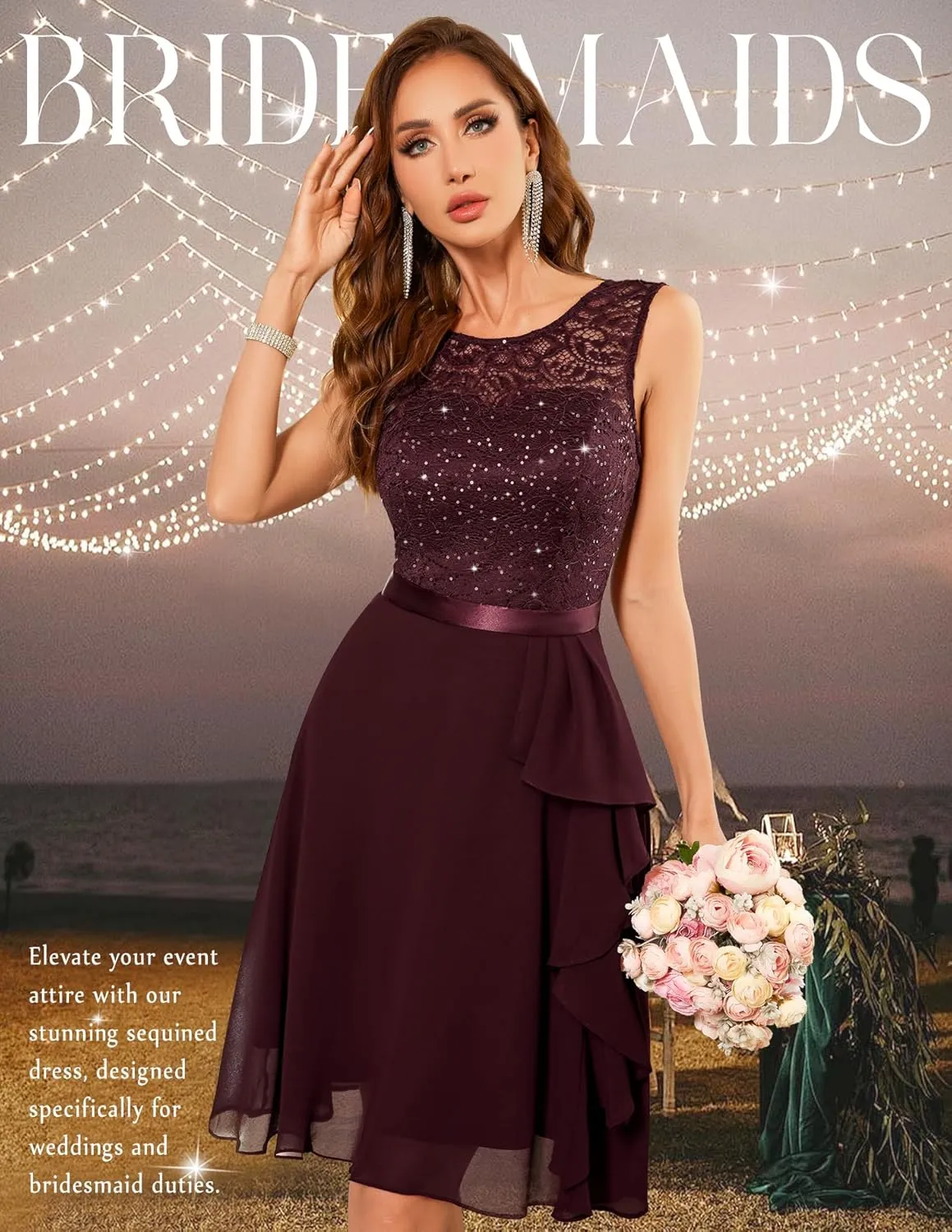 BeryLove Women's Cocktail Dresses Prom Wedding Guest Short Bridesmaid Dresses Ruffle Hem Sleeveless Lace Formal Dress