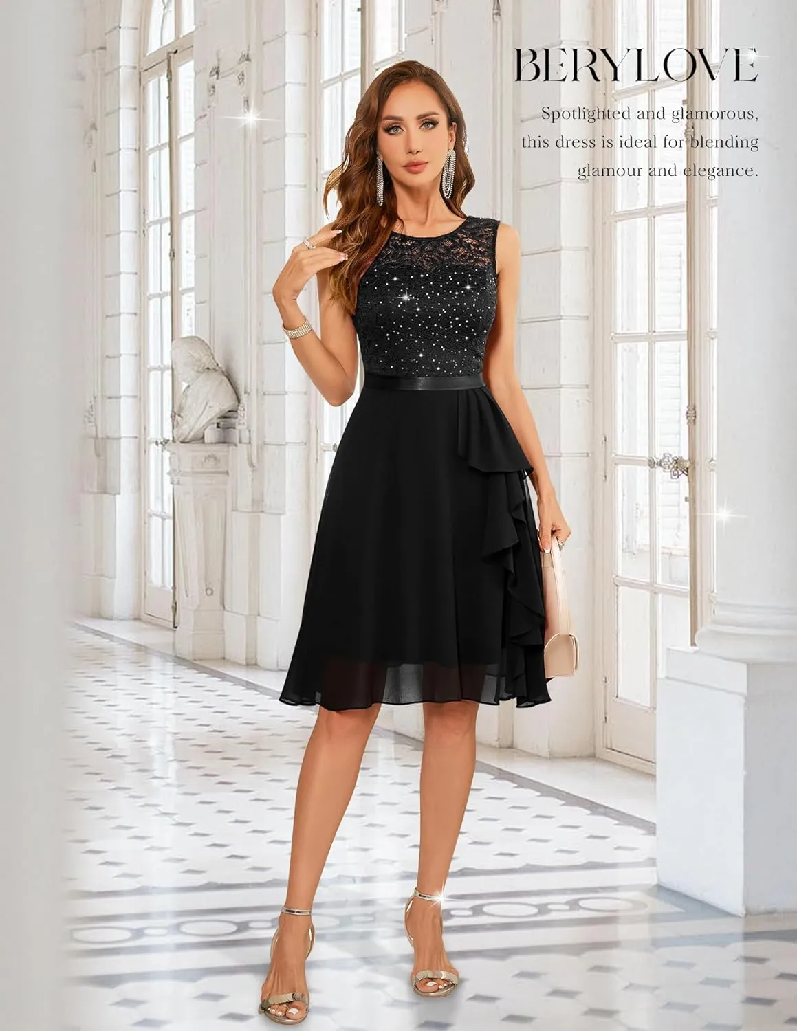BeryLove Women's Cocktail Dresses Prom Wedding Guest Short Bridesmaid Dresses Ruffle Hem Sleeveless Lace Formal Dress