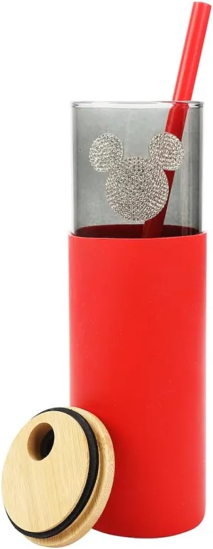 Bioworld Disney Mickey Mouse Bling Badge Black 24 Oz Glass Water Bottle With Silicone Sleeve Straw & Lid