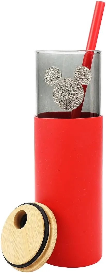 Bioworld Disney Mickey Mouse Bling Badge Black 24 Oz Glass Water Bottle With Silicone Sleeve Straw & Lid
