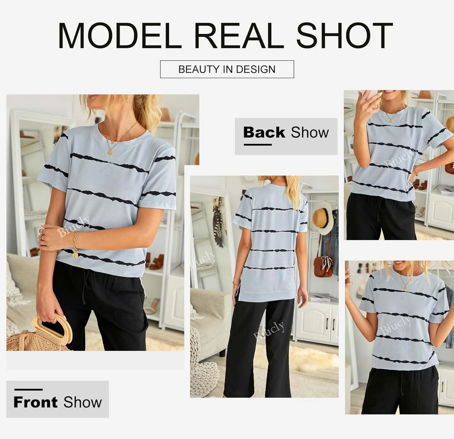 Biucly Womens Short Sleeve Crewneck Shirts Loose Casual Tee T-Shirt