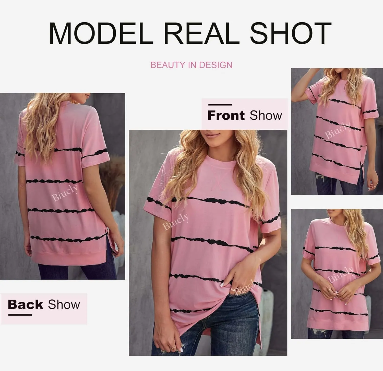 Biucly Womens Short Sleeve Crewneck Shirts Loose Casual Tee T-Shirt