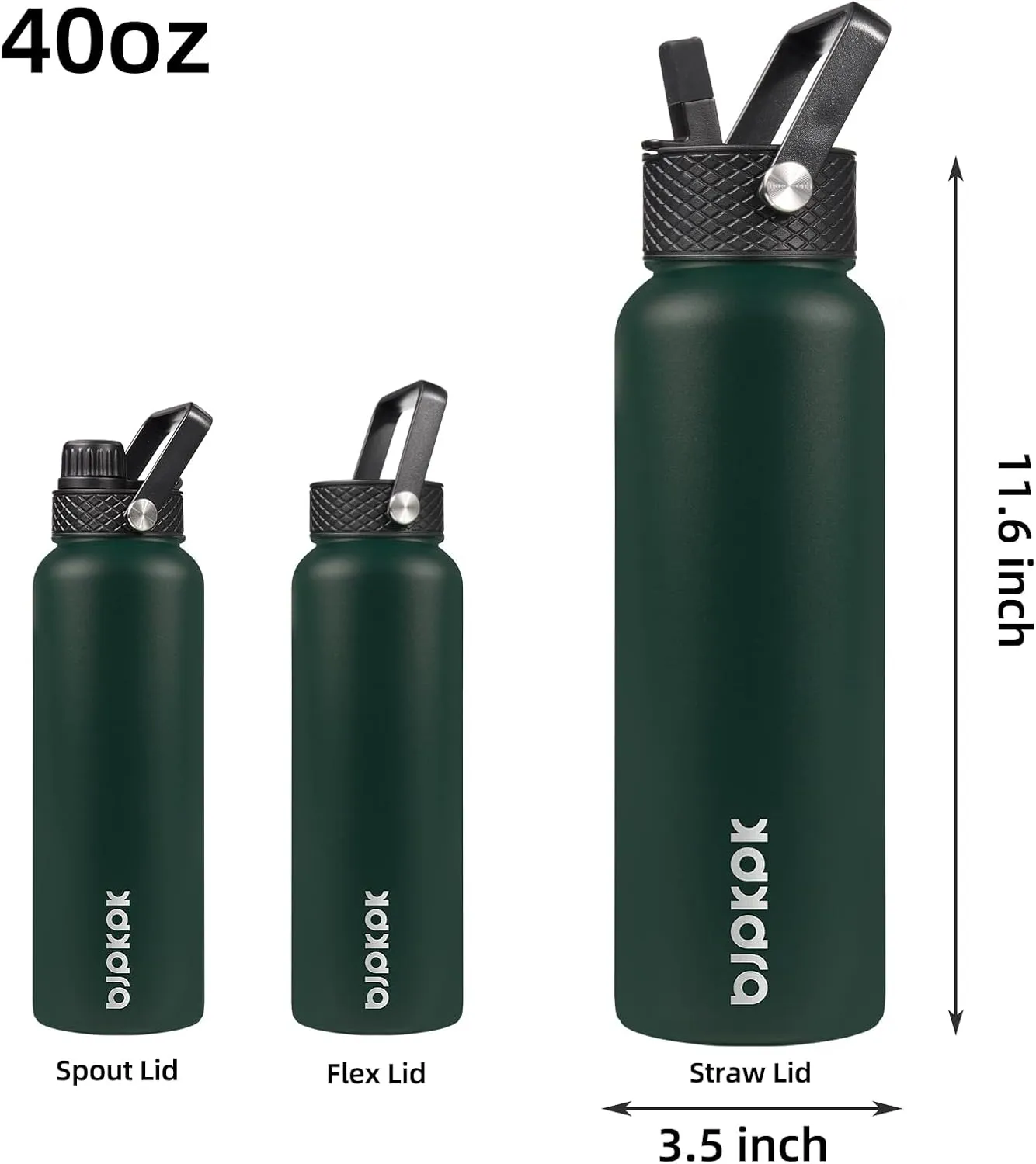 BJPKPK Insulated Water Bottles with Straw Lid, 40oz Stainless Steel Water Bottles with 3 Lids, BPA Free Leakproof Thermos, Tumblers, Cups for Sports, Gym- Army Green