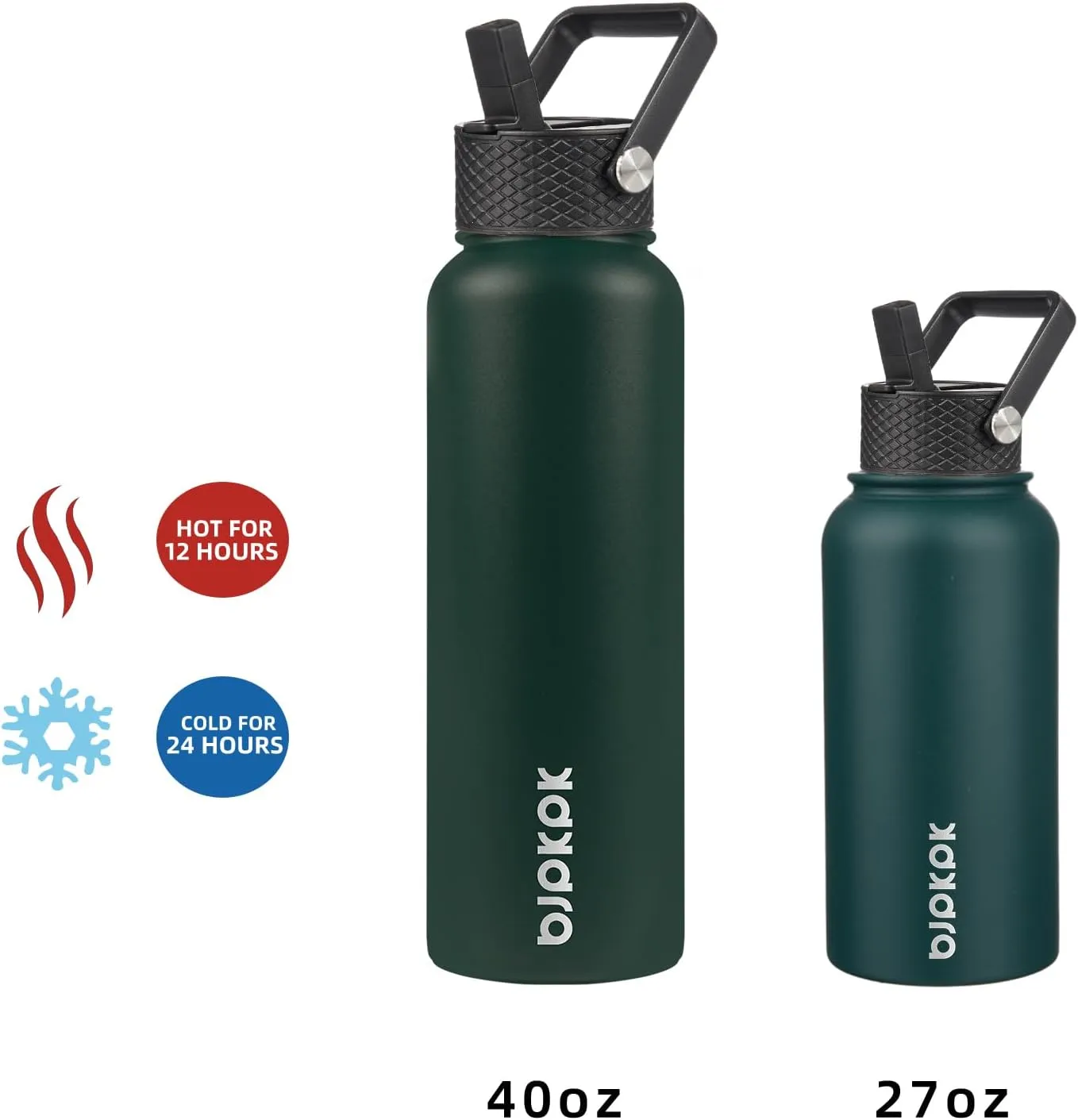 BJPKPK Insulated Water Bottles with Straw Lid, 40oz Stainless Steel Water Bottles with 3 Lids, BPA Free Leakproof Thermos, Tumblers, Cups for Sports, Gym- Army Green