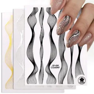 Black and Silver Wave Line Stripe Nail Art Stickers