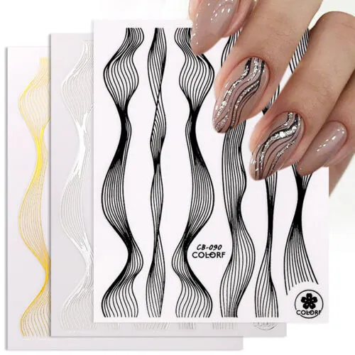 Black and Silver Wave Line Stripe Nail Art Stickers