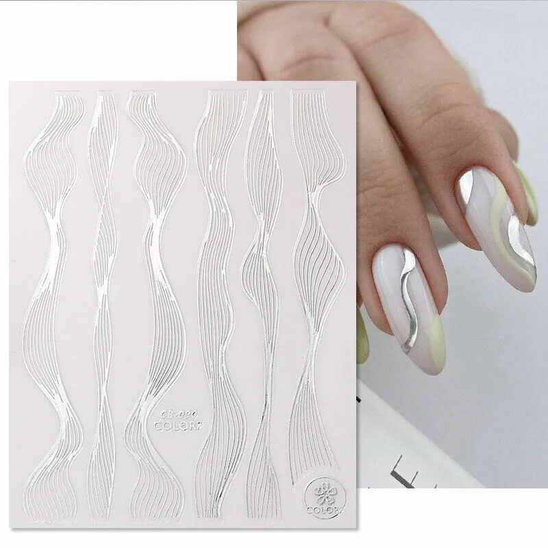 Black and Silver Wave Line Stripe Nail Art Stickers