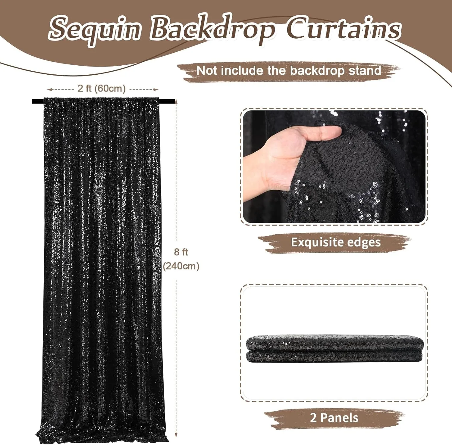 Black Backdrop Curtains for Parties 2 Pcs 2ftx8ft Sequin Party Backdrop Seamless Photography Background Christmas Party Decoration Halloween Decoration
