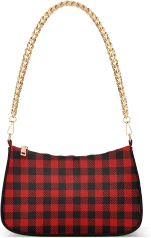 Black Buffalo Plaid Check Shoulder Bag for Women Fabric Crescent Handbag with Zipper Chain Clutch Purses