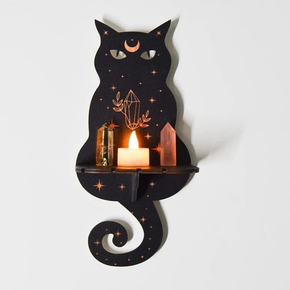 Black Crystal Display Shelf with Crystal Pendulum Holder, Witch Bat Moth Stuff, Wooden Kit, Hanging Rustic Stand