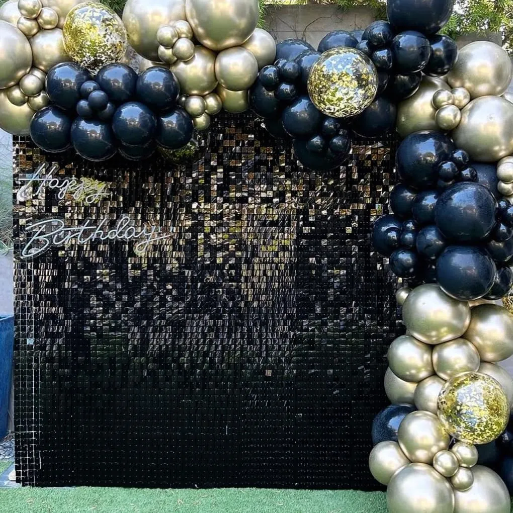 Black Shimmer Wall Panels Backdrop Decoration, 12 * 12 inch Sequin Square Shimmer Decor for Balloon Garland Arch Kit Halloween Birthday Party Supplies