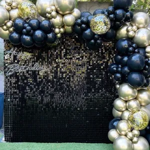 Black Shimmer Wall Panels Backdrop Decoration, 12 * 12 inch Sequin Square Shimmer Decor for Balloon Garland Arch Kit Halloween Birthday Party Supplies