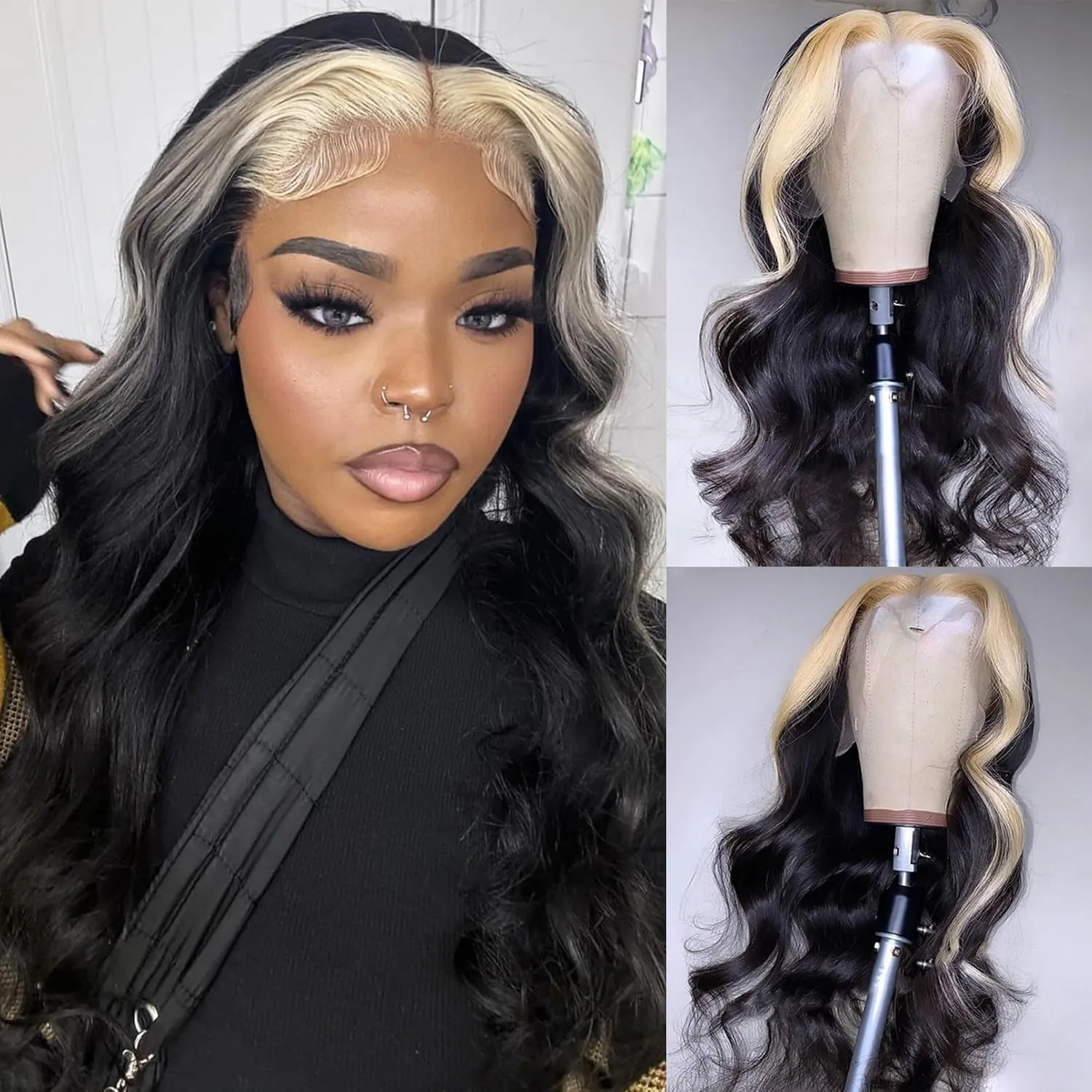 BLG 613 Skunk Striped Lace Front Wigs Human Hair 180% Density Glueless Skunk Stripe Human Hair Wigs for Women 22 Inch Body Wave Blonde Skunk Stripe Wig Human Hair Pre Plucked With Baby Hair