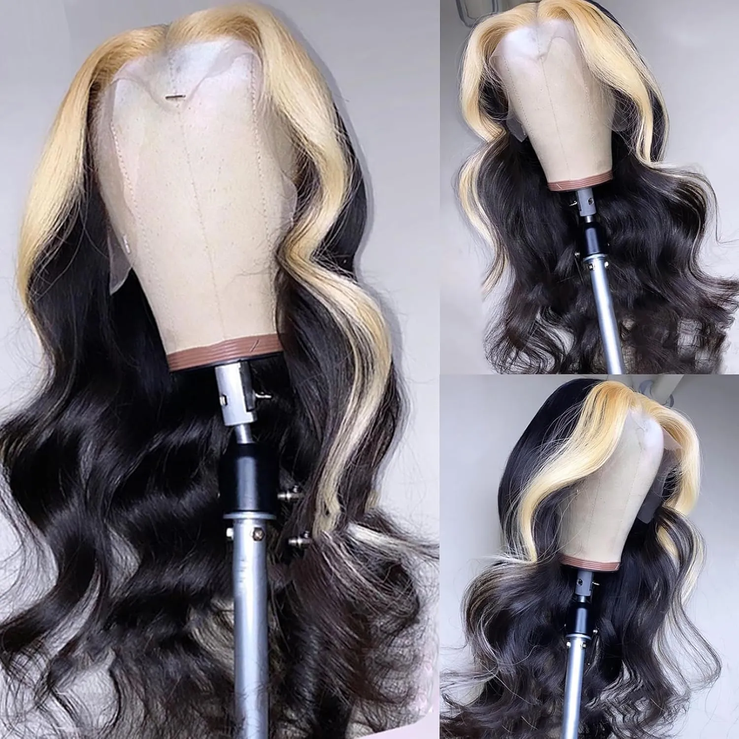 BLG 613 Skunk Striped Lace Front Wigs Human Hair 180% Density Glueless Skunk Stripe Human Hair Wigs for Women 22 Inch Body Wave Blonde Skunk Stripe Wig Human Hair Pre Plucked With Baby Hair