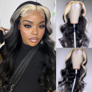 BLG 613 Skunk Striped Lace Front Wigs Human Hair 180% Density Glueless Skunk Stripe Human Hair Wigs for Women 22 Inch Body Wave Blonde Skunk Stripe Wig Human Hair Pre Plucked With Baby Hair
