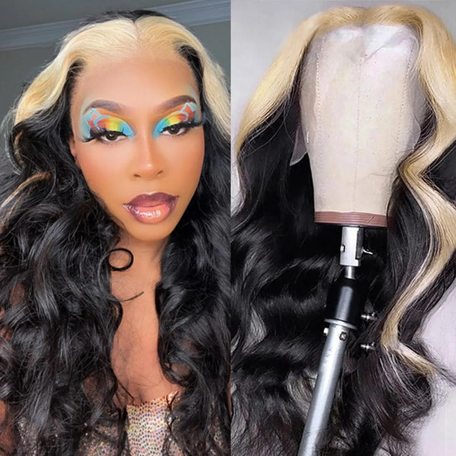 BLG 613 Skunk Striped Lace Front Wigs Human Hair 180% Density Glueless Skunk Stripe Human Hair Wigs for Women 22 Inch Body Wave Blonde Skunk Stripe Wig Human Hair Pre Plucked With Baby Hair