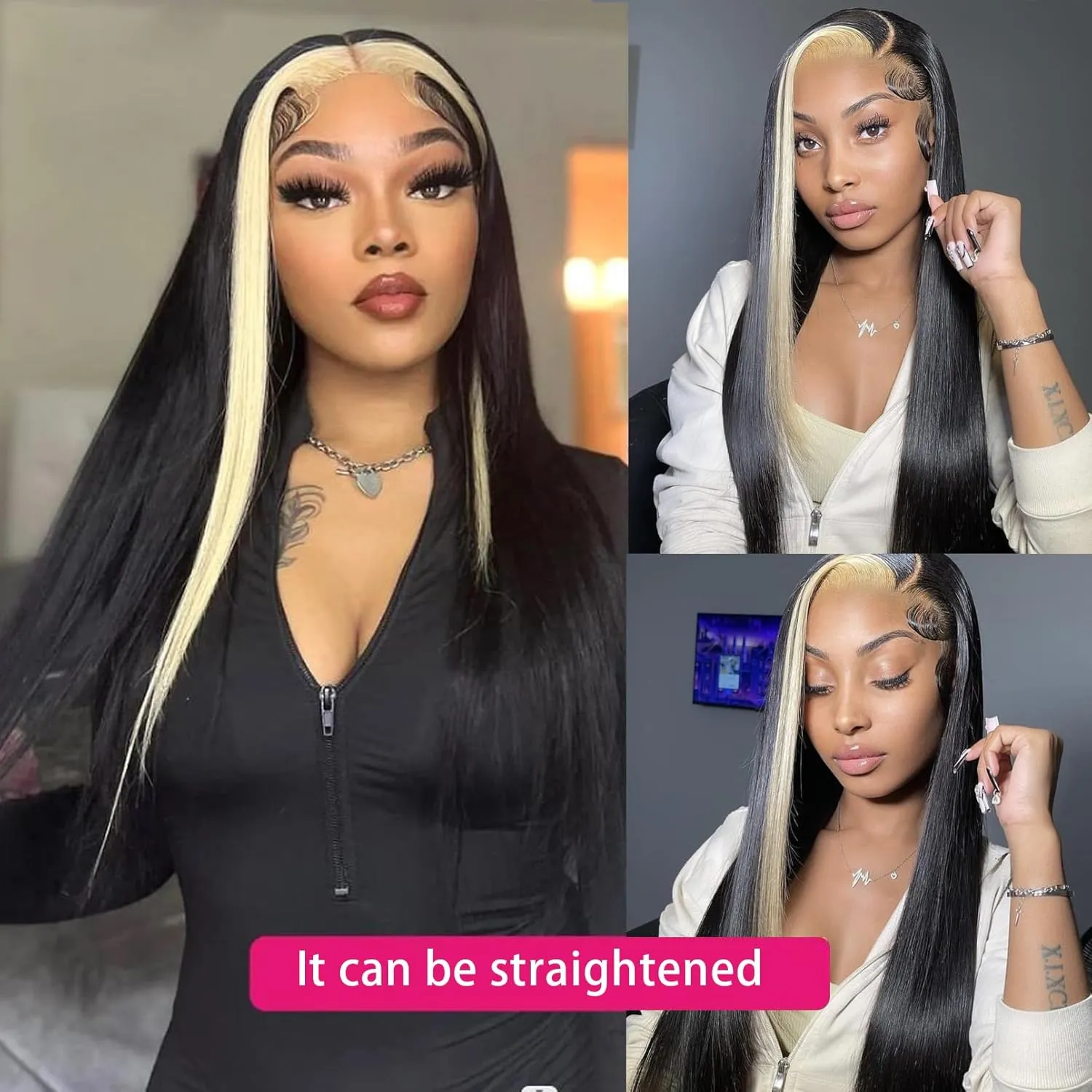 BLG 613 Skunk Striped Lace Front Wigs Human Hair 180% Density Glueless Skunk Stripe Human Hair Wigs for Women 22 Inch Body Wave Blonde Skunk Stripe Wig Human Hair Pre Plucked With Baby Hair