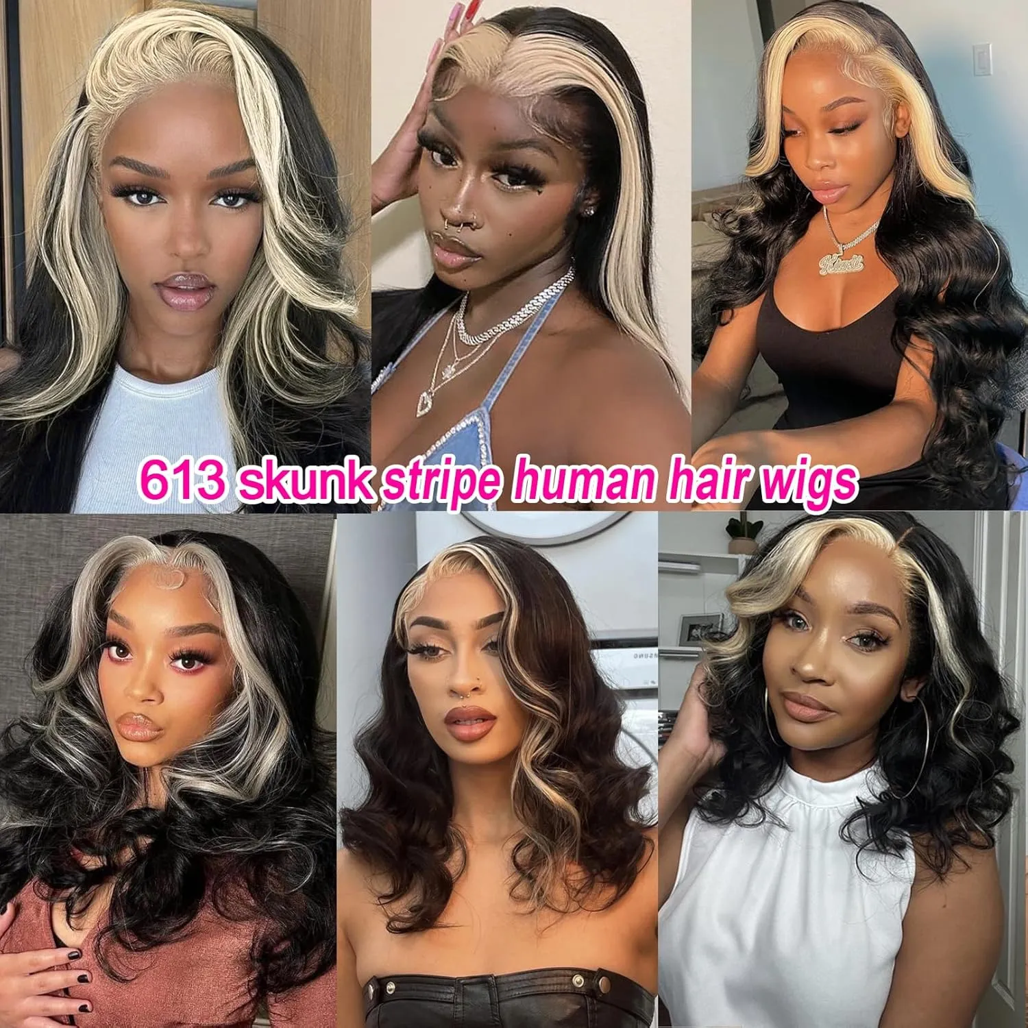 BLG 613 Skunk Striped Lace Front Wigs Human Hair 180% Density Glueless Skunk Stripe Human Hair Wigs for Women 22 Inch Body Wave Blonde Skunk Stripe Wig Human Hair Pre Plucked With Baby Hair