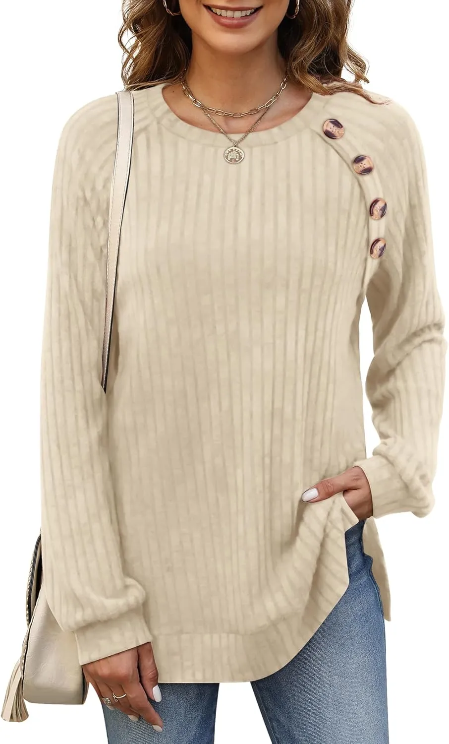 Bofell Long Sleeve Shirts for Women Lightweight Button Decor Tunic Tops Side Split