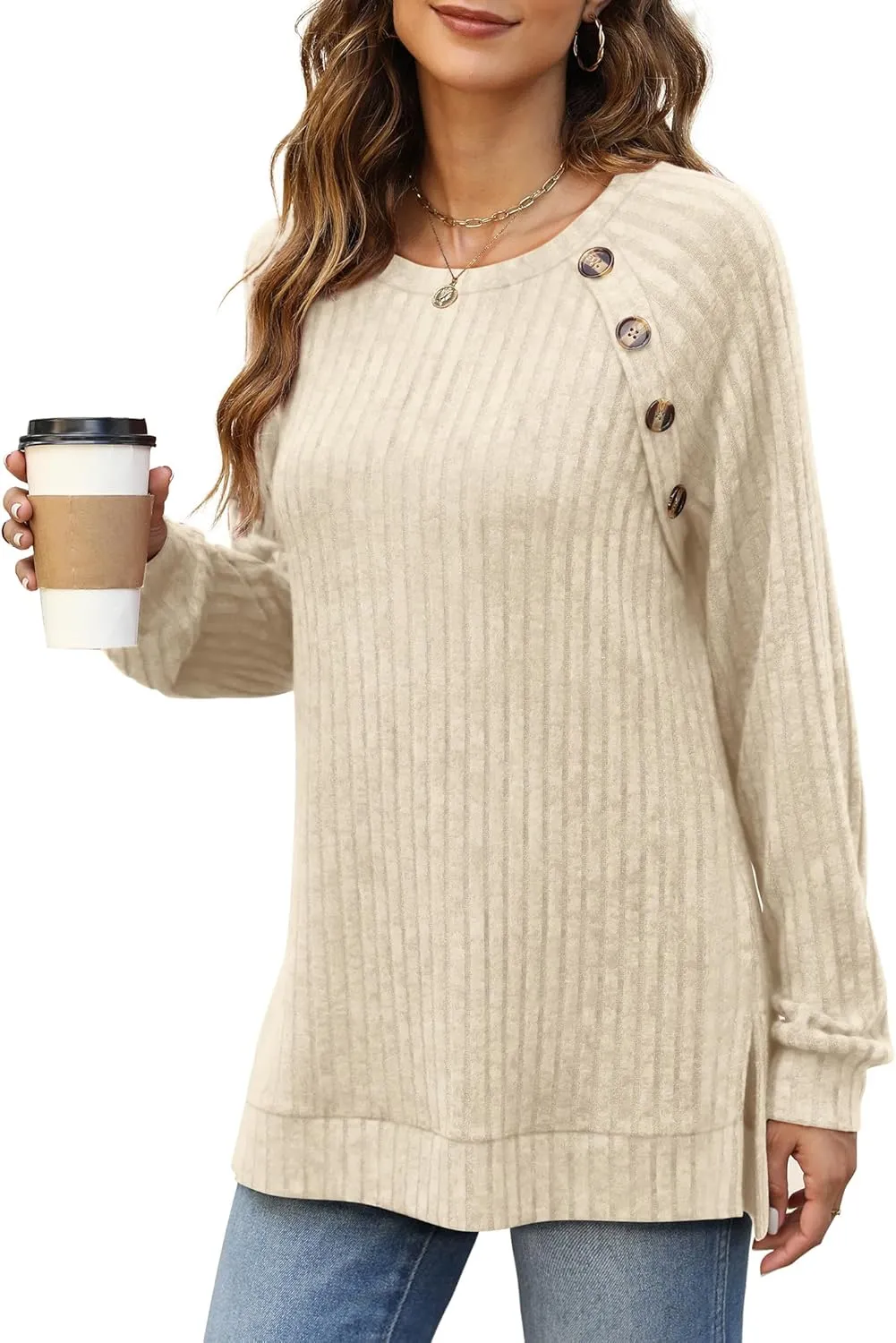 Bofell Long Sleeve Shirts for Women Lightweight Button Decor Tunic Tops Side Split