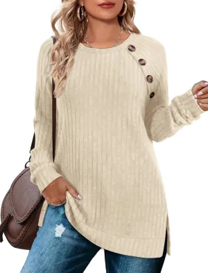 Bofell Long Sleeve Shirts for Women Lightweight Button Decor Tunic Tops Side Split