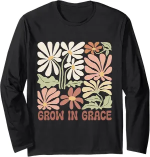 Boho Minimalistic Grow in Grace Floral Retro Long Sleeve T-Shirt