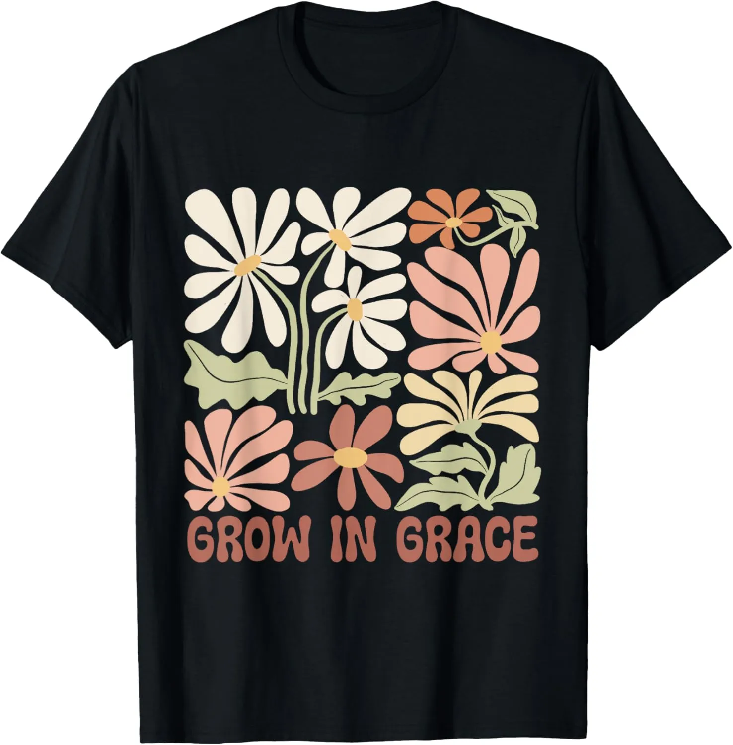 Boho Minimalistic Grow in Grace Floral Retro T-Shirt