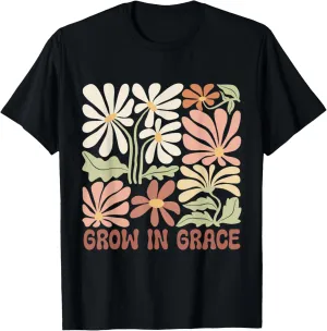Boho Minimalistic Grow in Grace Floral Retro T-Shirt