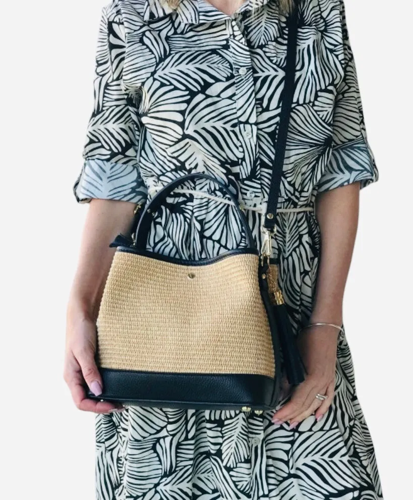 Bologna Woven Raffia & Leather Tote Bag | Taupe