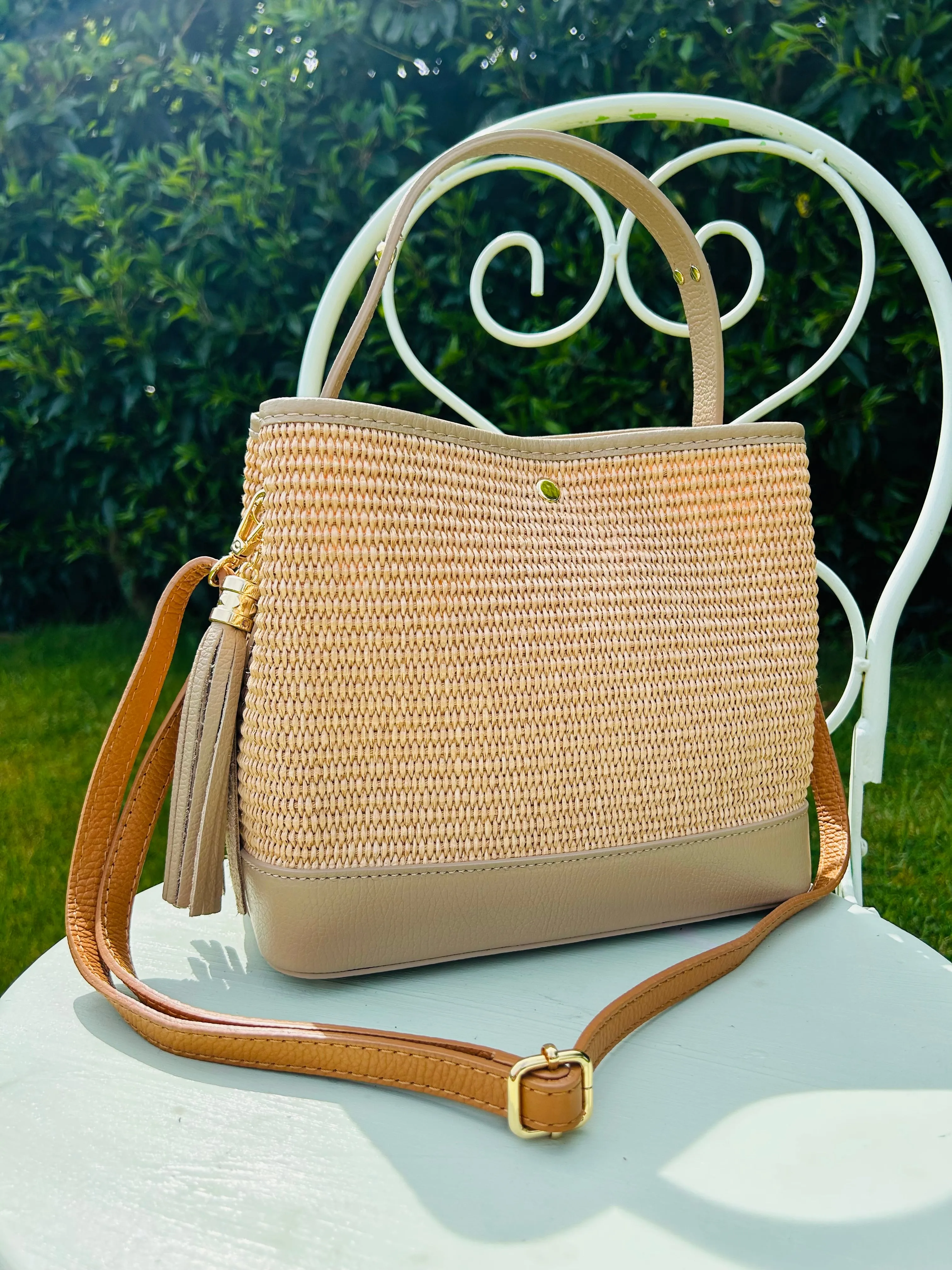 Bologna Woven Raffia & Leather Tote Bag | Taupe