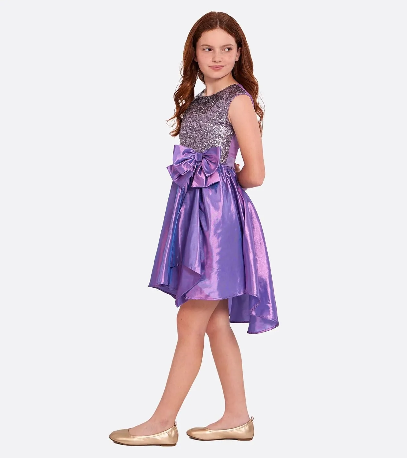 Bonnie Jean Girls 7-16 Iridescent Taffeta Sequins Bow Holiday Dress