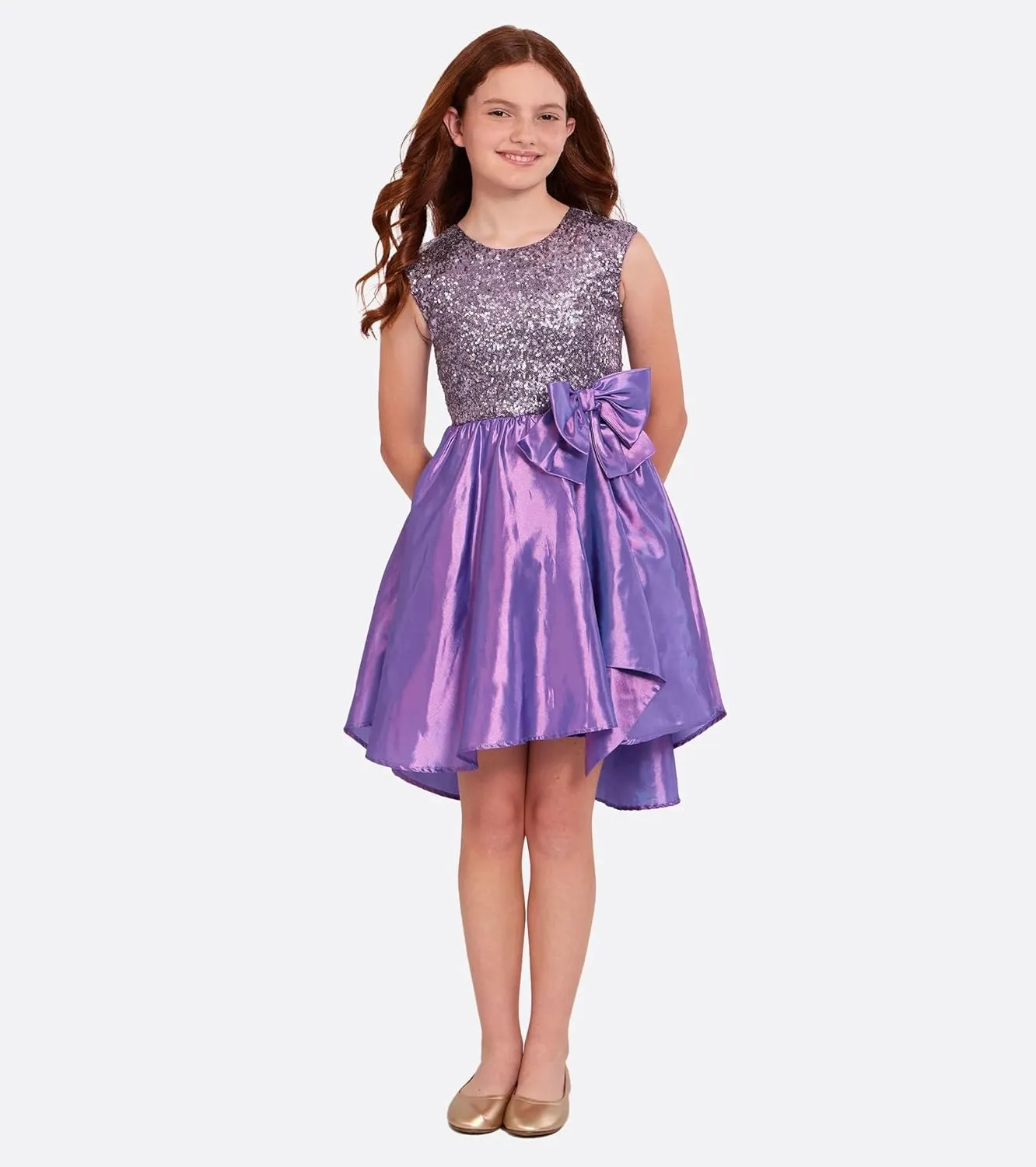 Bonnie Jean Girls 7-16 Iridescent Taffeta Sequins Bow Holiday Dress