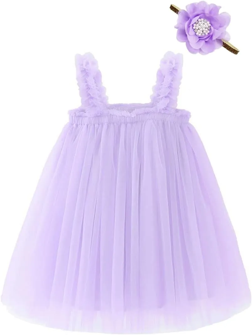 Bow Dream Baby Girls Toddler Tutu Dress Infant Tulle Dress Party Princess Dress with Flower Headband Dusty Rose
