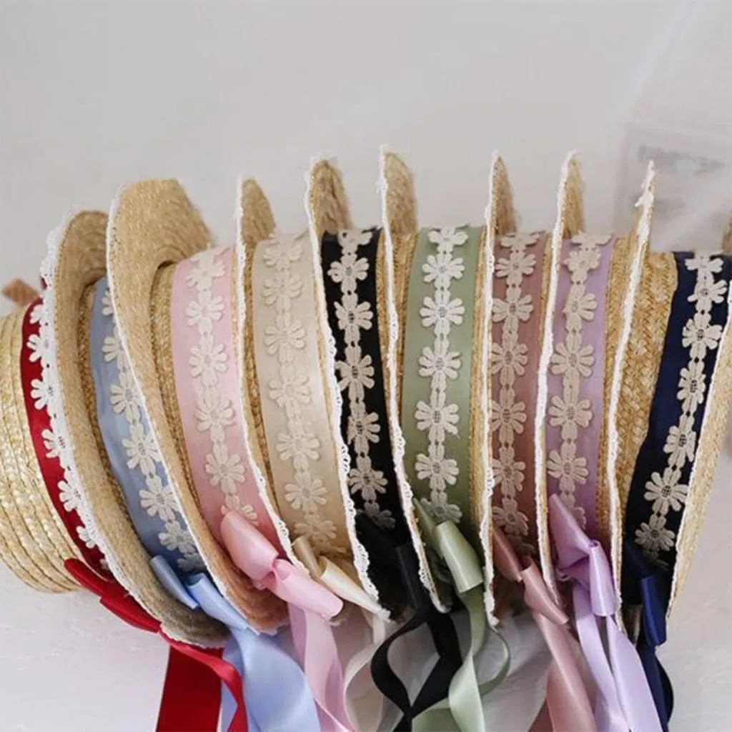 Bows Straw Hat Wide Brim Straw Boater Hat Women Summer Straw Beachs Hat TeaParty Sunhat Ribbon Straw Hat Ribbon Hat