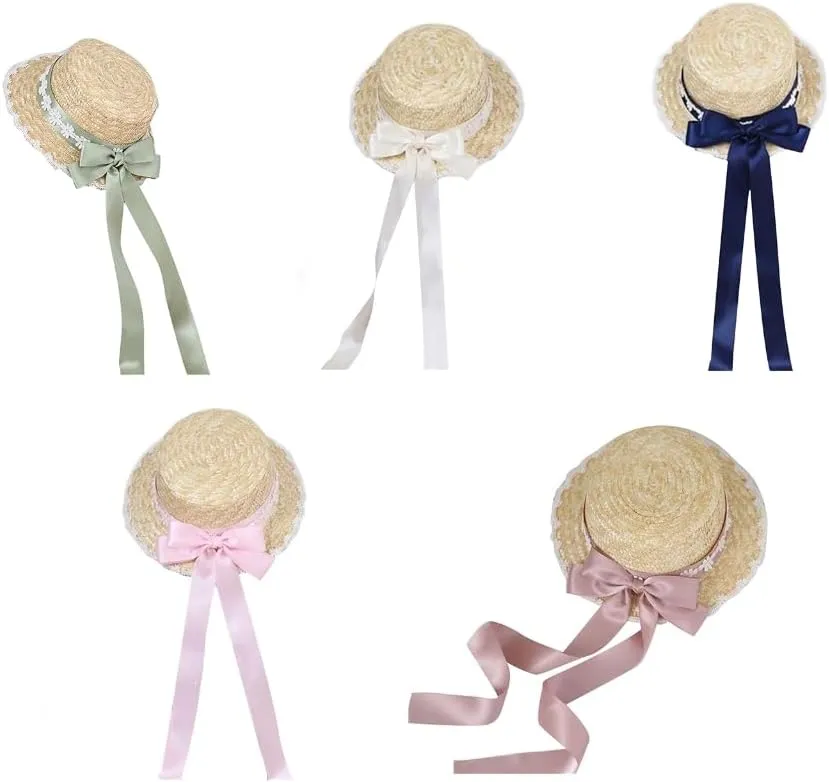 Bows Straw Hat Wide Brim Straw Boater Hat Women Summer Straw Beachs Hat TeaParty Sunhat Ribbon Straw Hat Ribbon Hat