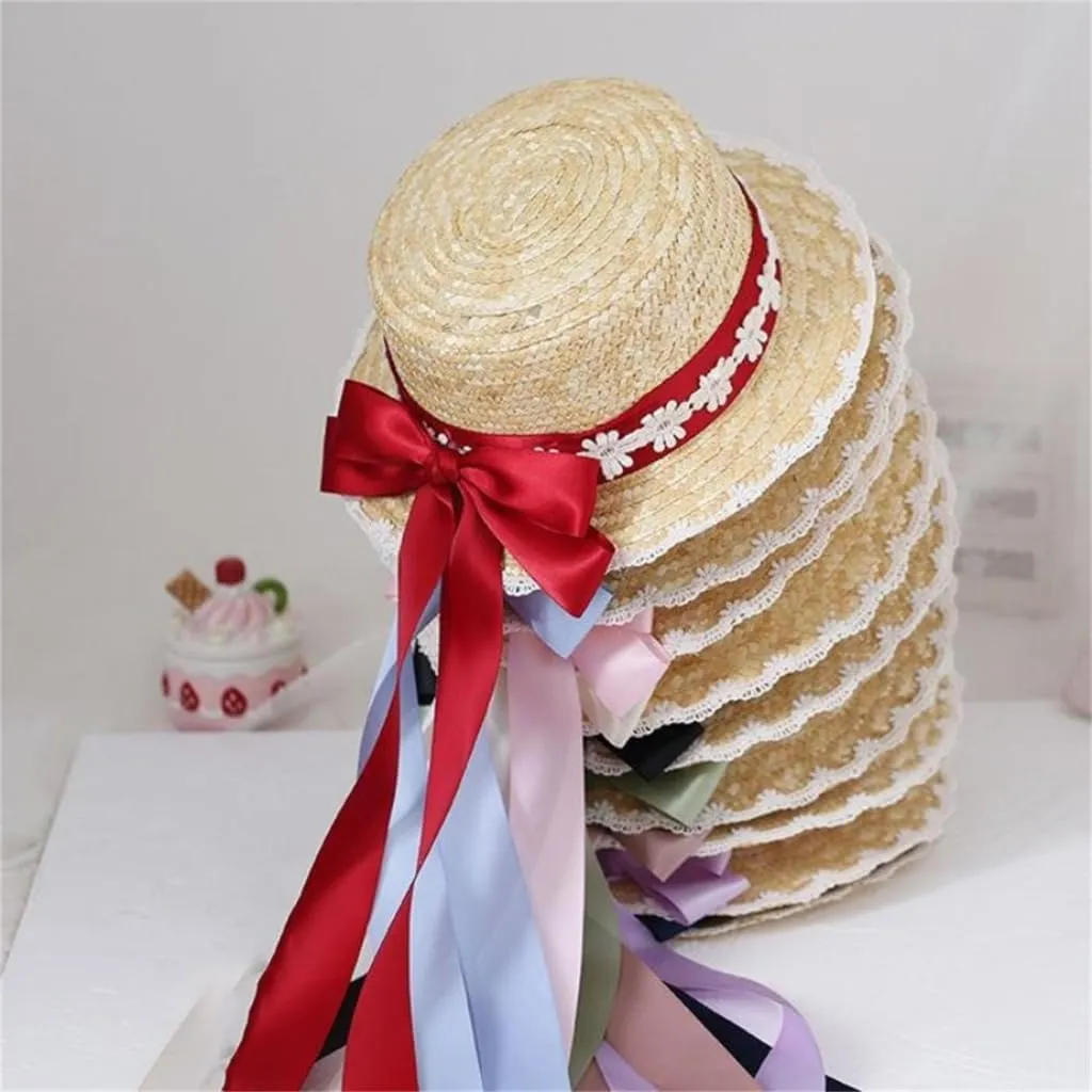 Bows Straw Hat Wide Brim Straw Boater Hat Women Summer Straw Beachs Hat TeaParty Sunhat Ribbon Straw Hat Ribbon Hat