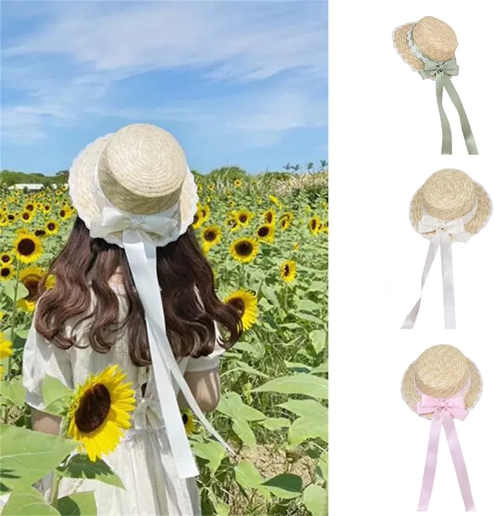 Bows Straw Hat Wide Brim Straw Boater Hat Women Summer Straw Beachs Hat TeaParty Sunhat Ribbon Straw Hat Ribbon Hat