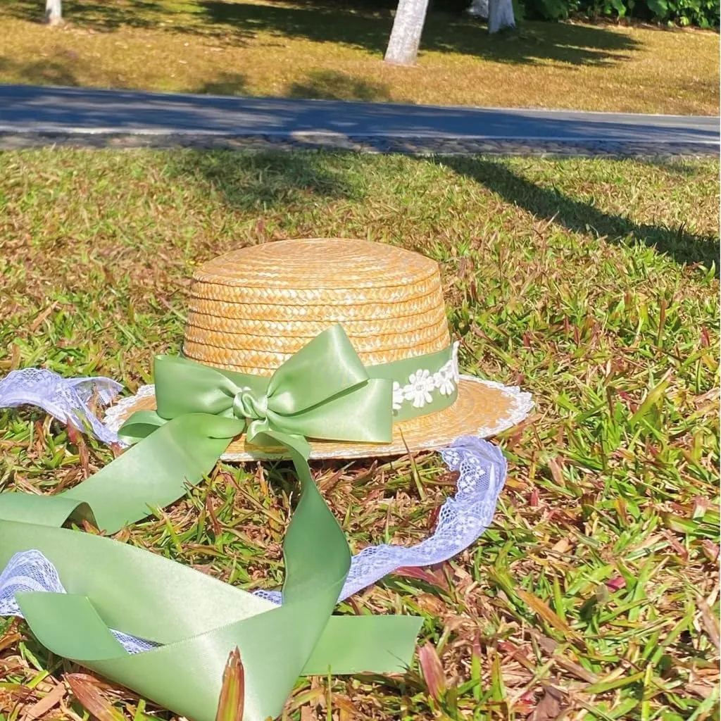 Bows Straw Hat Wide Brim Straw Boater Hat Women Summer Straw Beachs Hat TeaParty Sunhat Ribbon Straw Hat Ribbon Hat