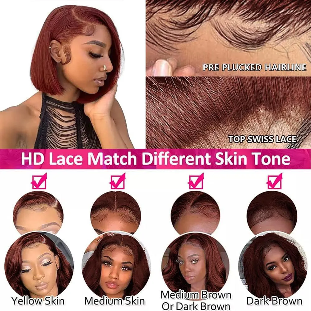 Brazilian Hair Reddish Brown Bob Wig Human Hair 180 Density 13x4 HD Transparent Lace Front Wigs Human Hair Pre Plucked With Baby Hair Straight Glueless Wigs 12 Inch Short Bob Wigs For Women