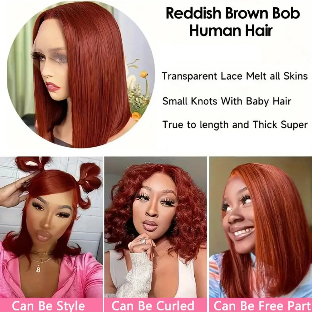 Brazilian Hair Reddish Brown Bob Wig Human Hair 180 Density 13x4 HD Transparent Lace Front Wigs Human Hair Pre Plucked With Baby Hair Straight Glueless Wigs 12 Inch Short Bob Wigs For Women