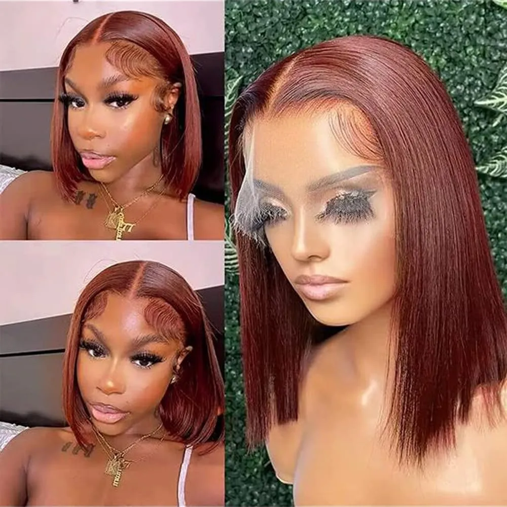 Brazilian Hair Reddish Brown Bob Wig Human Hair 180 Density 13x4 HD Transparent Lace Front Wigs Human Hair Pre Plucked With Baby Hair Straight Glueless Wigs 12 Inch Short Bob Wigs For Women