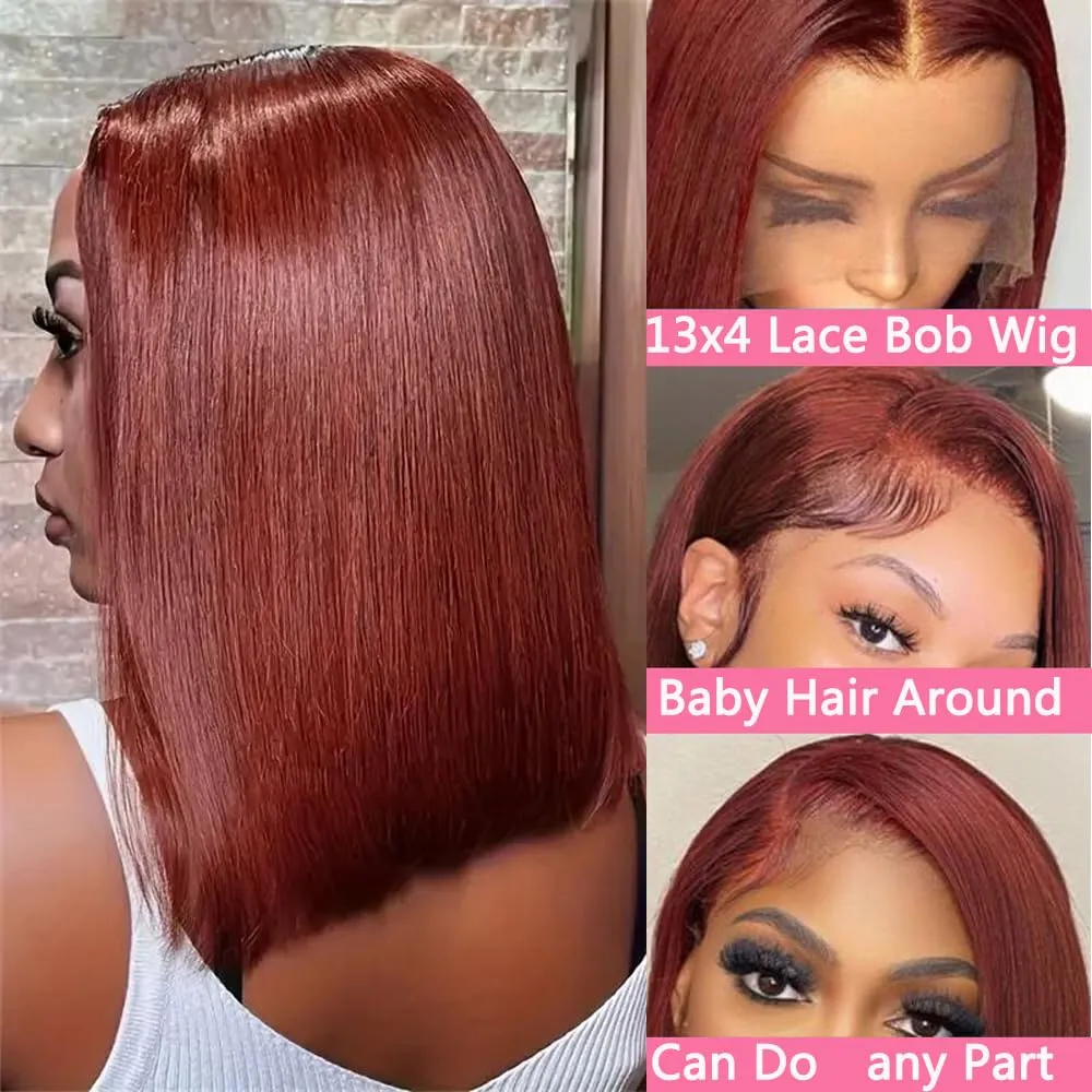 Brazilian Hair Reddish Brown Bob Wig Human Hair 180 Density 13x4 HD Transparent Lace Front Wigs Human Hair Pre Plucked With Baby Hair Straight Glueless Wigs 12 Inch Short Bob Wigs For Women