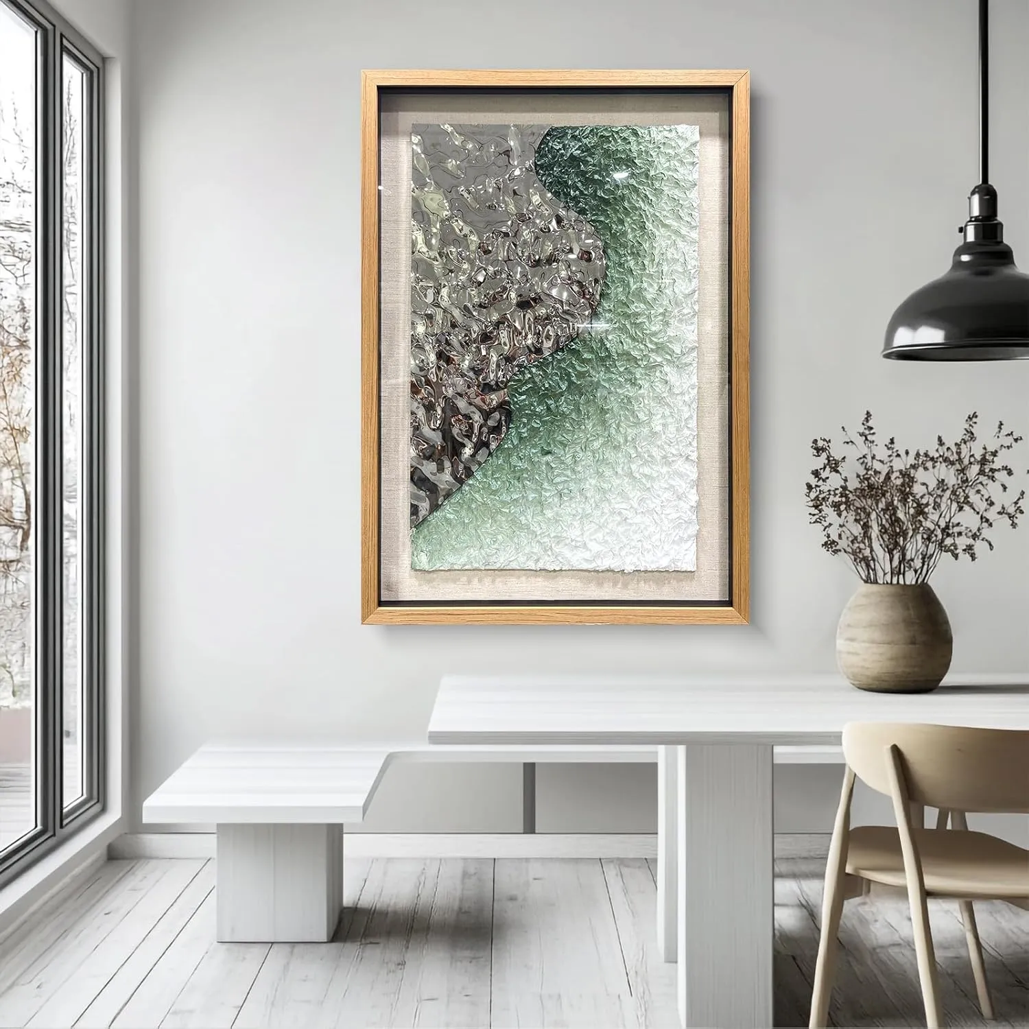 BrightA Embossed Metal Wave Wall Art - Hand-Painted Tissue Paper Gradient (Mist Green) and Silver 3D Wall Art, Contemporary Abstract Metal Sculpture for Living Room​27.5"x 39.4"