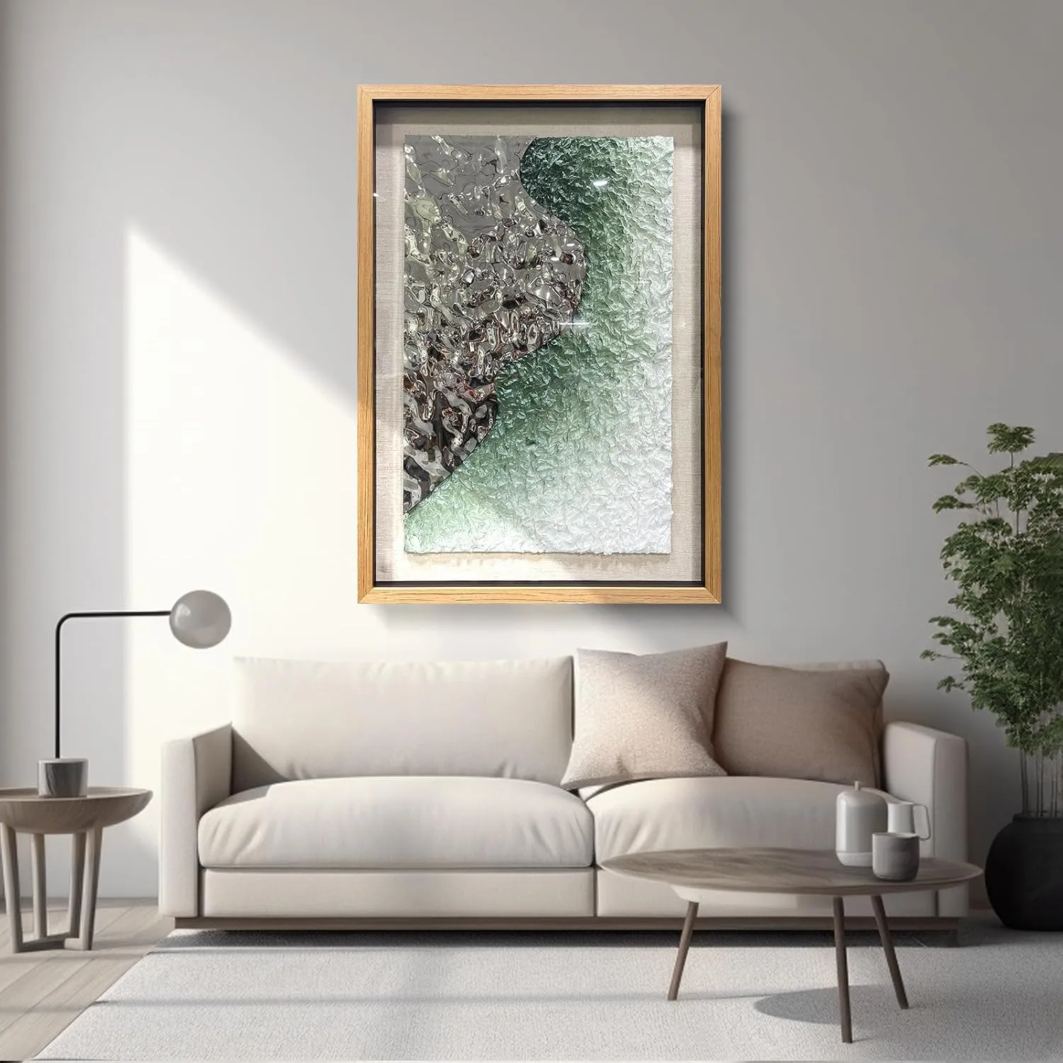 BrightA Embossed Metal Wave Wall Art - Hand-Painted Tissue Paper Gradient (Mist Green) and Silver 3D Wall Art, Contemporary Abstract Metal Sculpture for Living Room​27.5"x 39.4"
