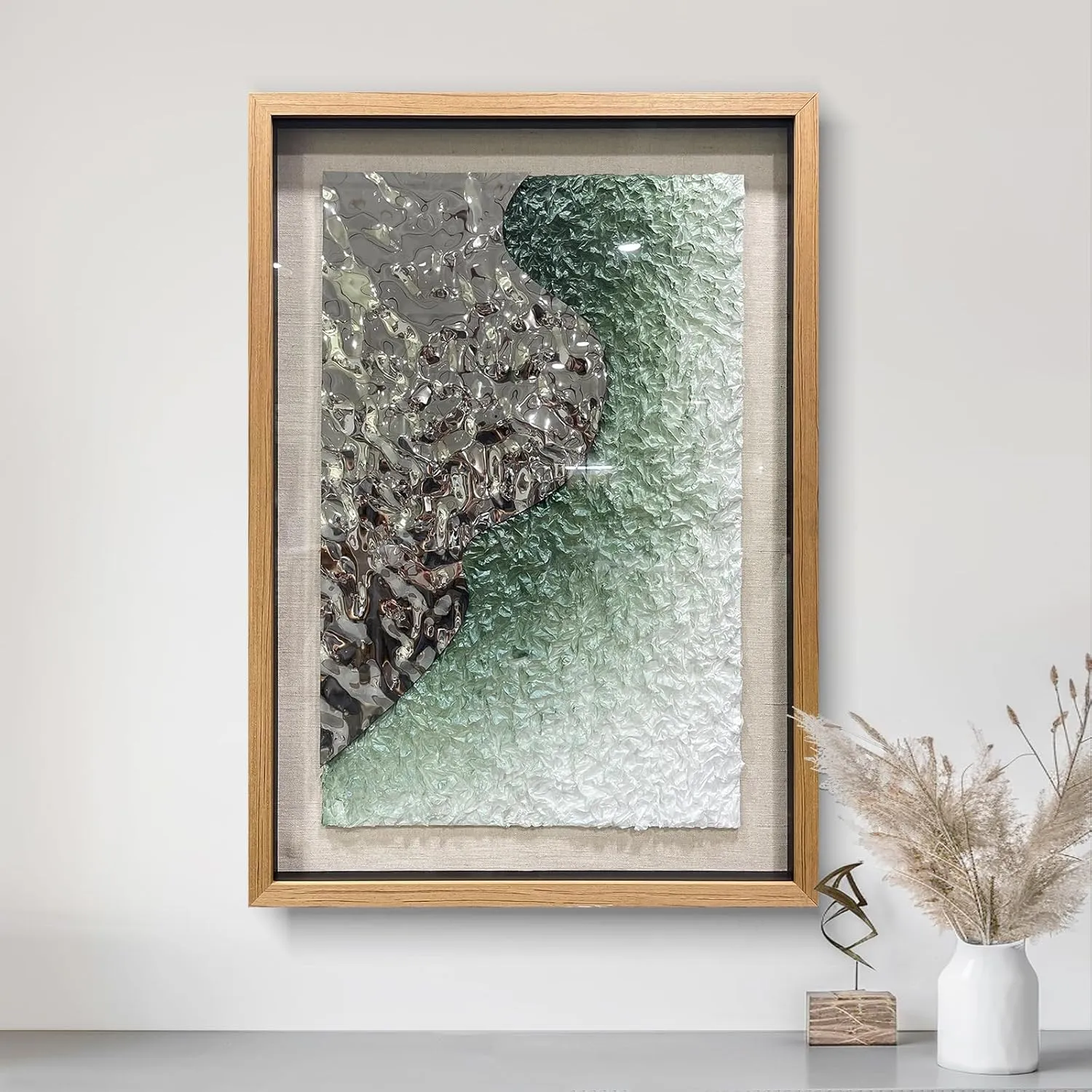 BrightA Embossed Metal Wave Wall Art - Hand-Painted Tissue Paper Gradient (Mist Green) and Silver 3D Wall Art, Contemporary Abstract Metal Sculpture for Living Room​27.5"x 39.4"