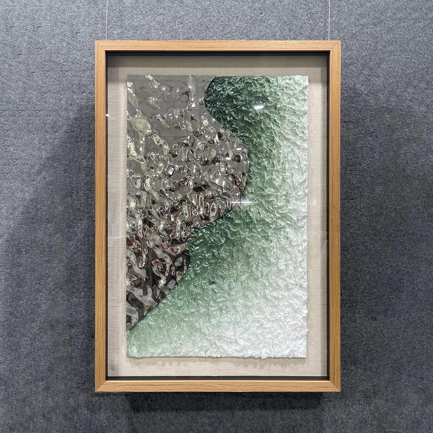 BrightA Embossed Metal Wave Wall Art - Hand-Painted Tissue Paper Gradient (Mist Green) and Silver 3D Wall Art, Contemporary Abstract Metal Sculpture for Living Room​27.5"x 39.4"