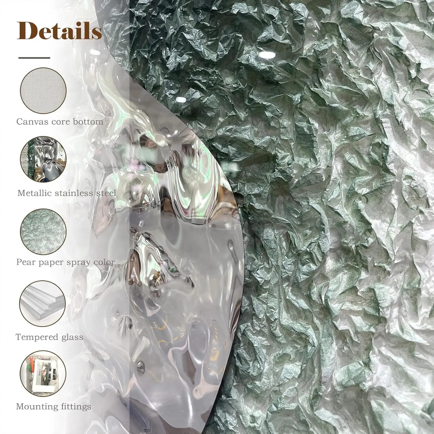BrightA Embossed Metal Wave Wall Art - Hand-Painted Tissue Paper Gradient (Mist Green) and Silver 3D Wall Art, Contemporary Abstract Metal Sculpture for Living Room​27.5"x 39.4"