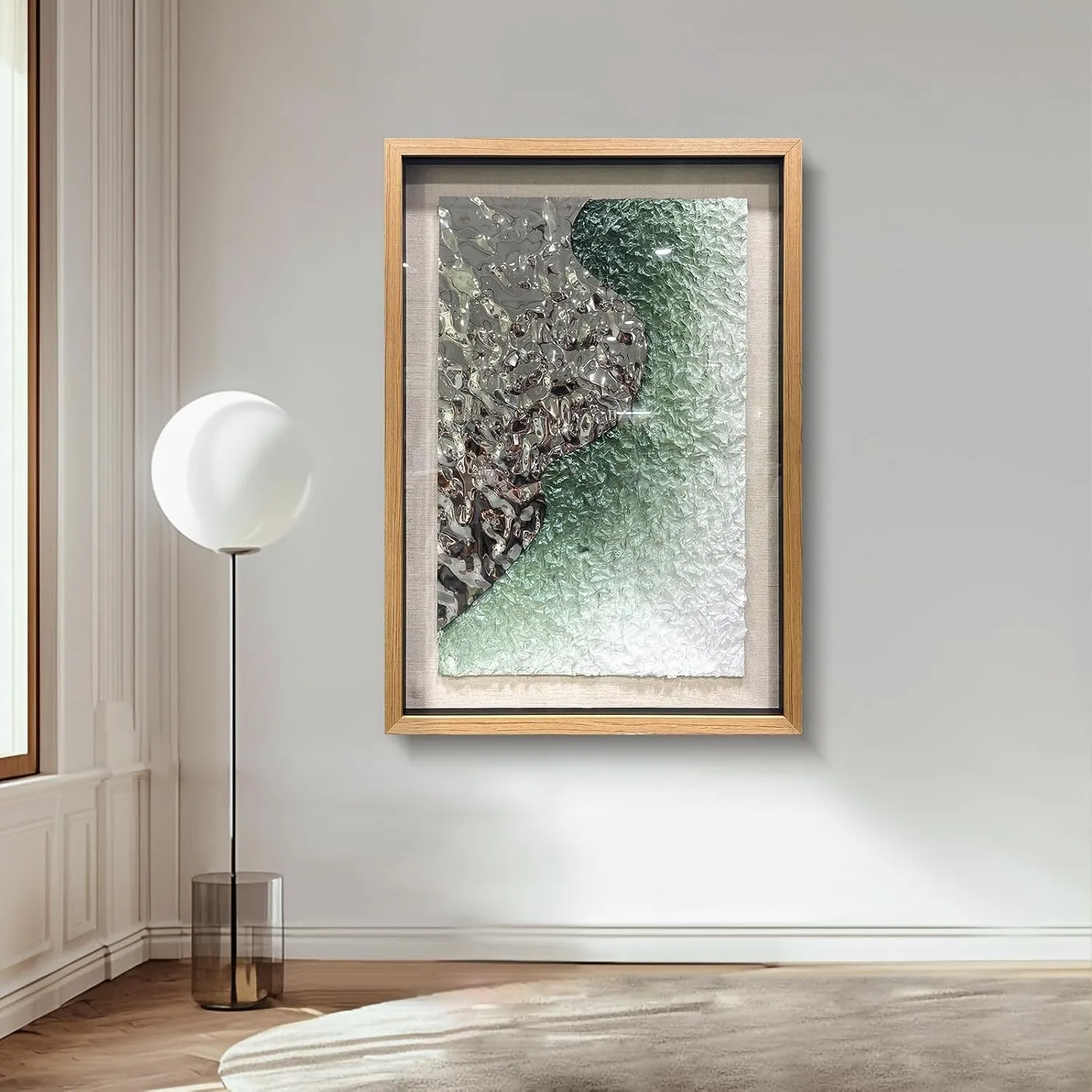 BrightA Embossed Metal Wave Wall Art - Hand-Painted Tissue Paper Gradient (Mist Green) and Silver 3D Wall Art, Contemporary Abstract Metal Sculpture for Living Room​27.5"x 39.4"