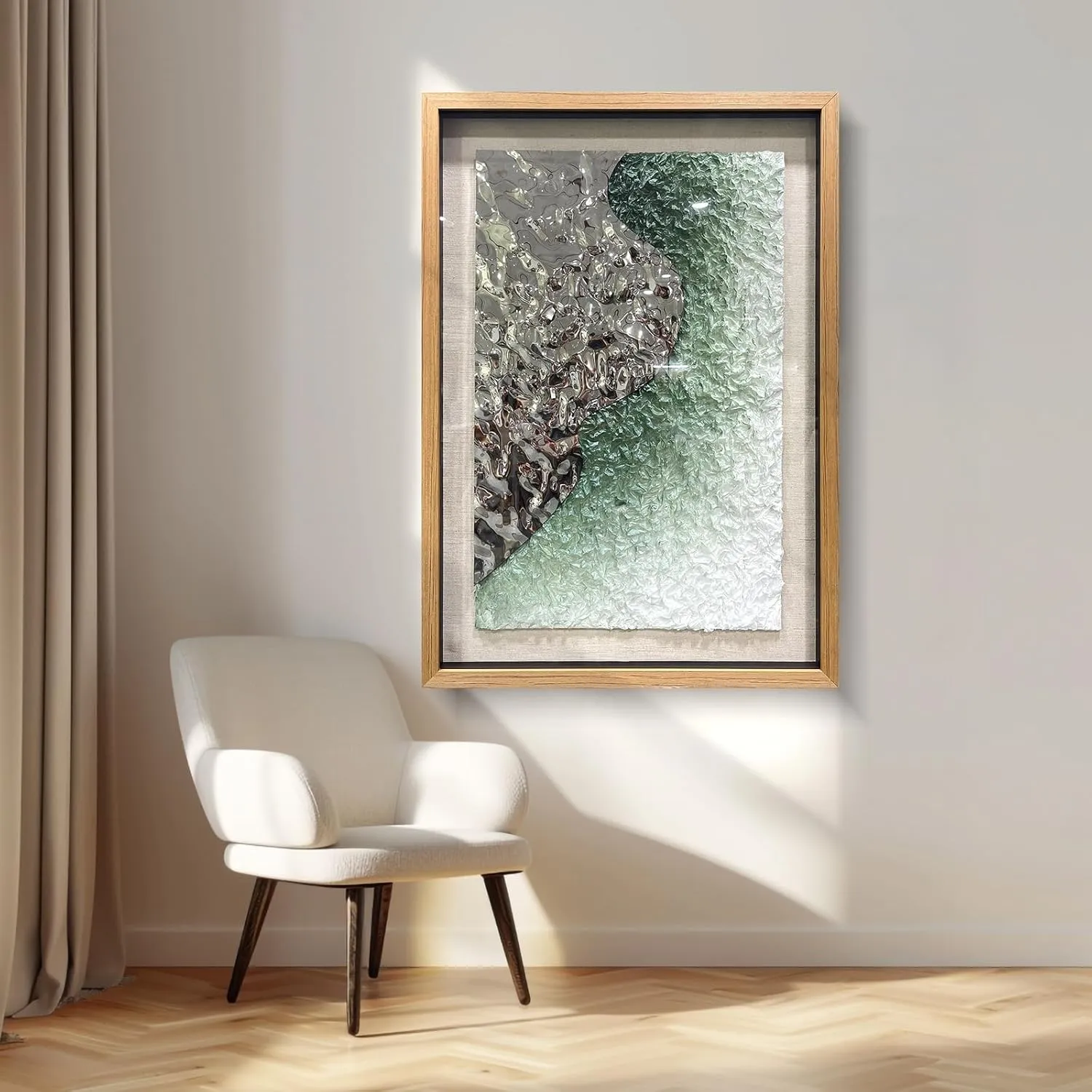 BrightA Embossed Metal Wave Wall Art - Hand-Painted Tissue Paper Gradient (Mist Green) and Silver 3D Wall Art, Contemporary Abstract Metal Sculpture for Living Room​27.5"x 39.4"