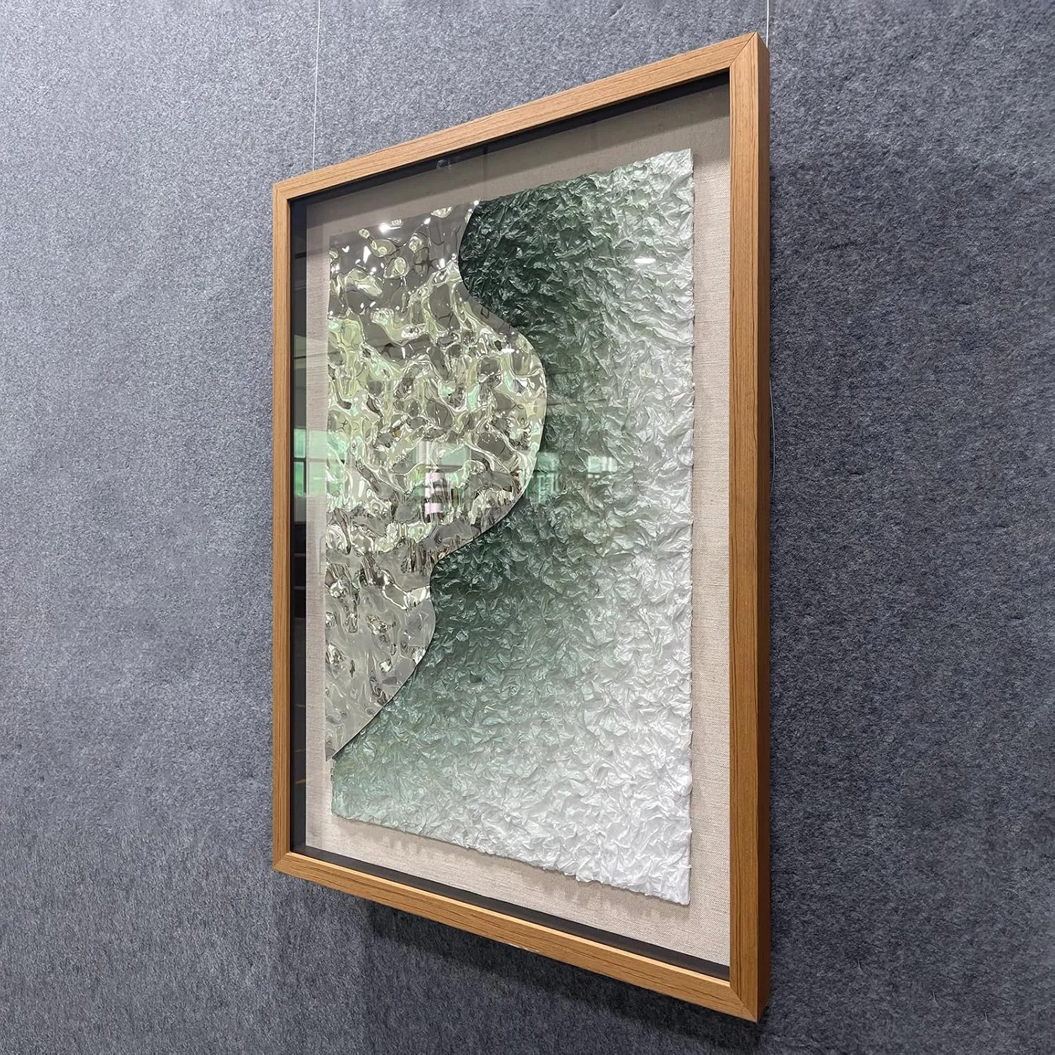 BrightA Embossed Metal Wave Wall Art - Hand-Painted Tissue Paper Gradient (Mist Green) and Silver 3D Wall Art, Contemporary Abstract Metal Sculpture for Living Room​27.5"x 39.4"